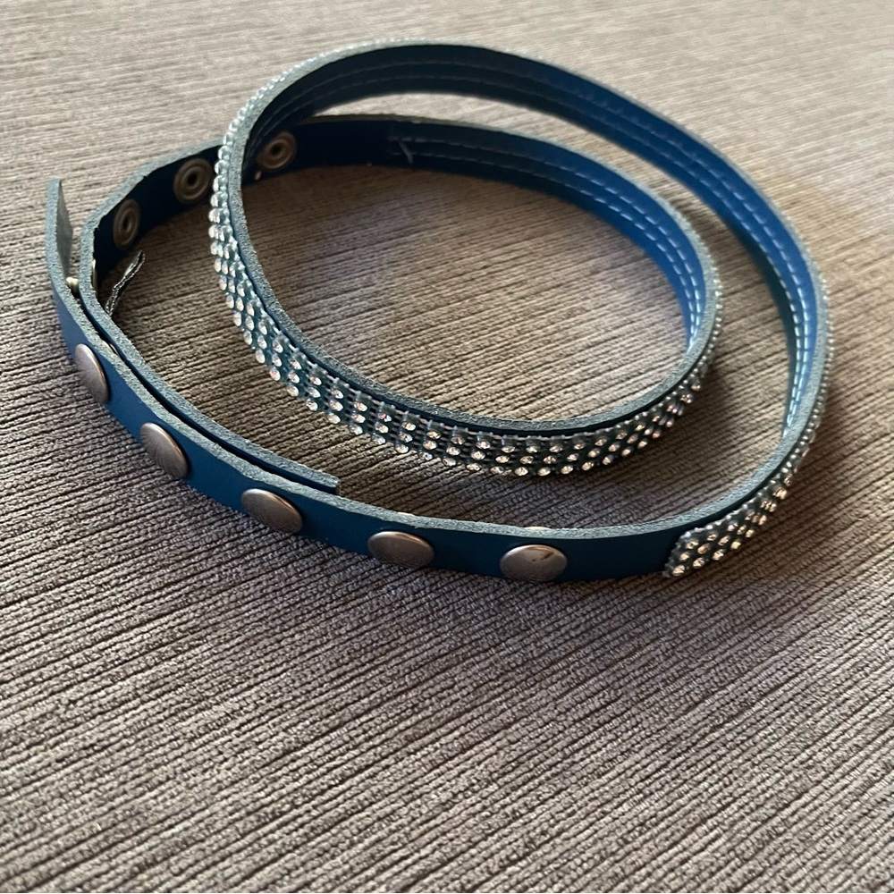 Italian Blue Leather Rhinestone Belt Adjustable